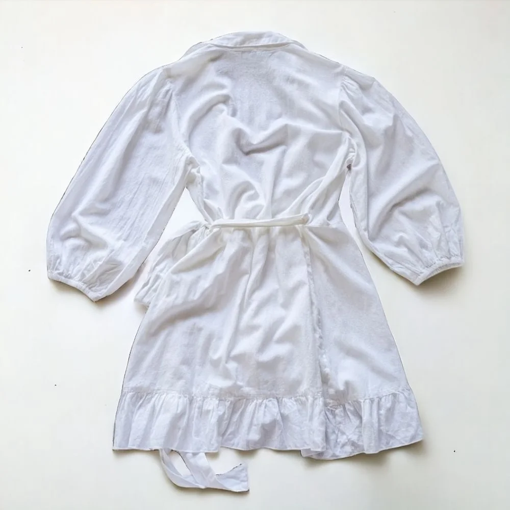 MELISSA ODABASH Paige Linen Cotton Blend Ruffled Balloon Sleeve Wrap Dress Sz L
